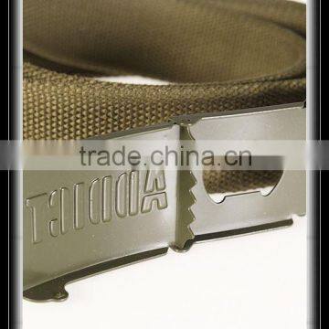 Webbing Belt with Roller Buckle and Metal Tip feature an engraved logo