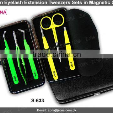 Neon Green Colored Eyelash Extension Tweezers Set / Get Customized Eyelash Tweezers Set In Magnetic Case From ZONA PAKISTAN