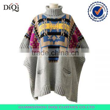 fashion women's knitted pattern turtleneck poncho sweater