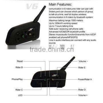 Wholesale! V6 Noise Cancelling and Waterproof Helmet Bluetooth Headset for 1200 Meters 6 Riders Talking