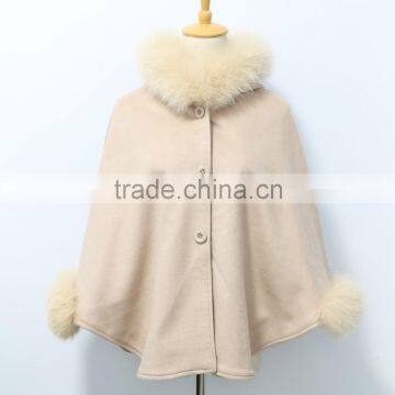 fashion lightweight cashmere cape with fox fur hood for ladys
