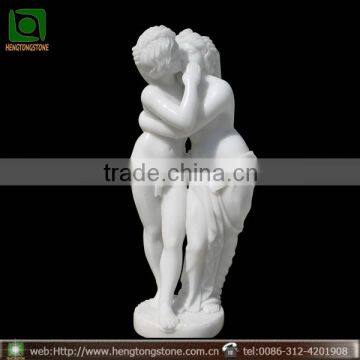 Hand Carved White Marble Boy and Girl Kissing Statue