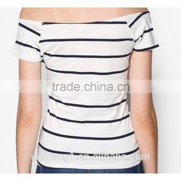 China Factory Direct Wholesale Petite Stripe Bardot Top Woman Short Sleeves Blouse photo-3