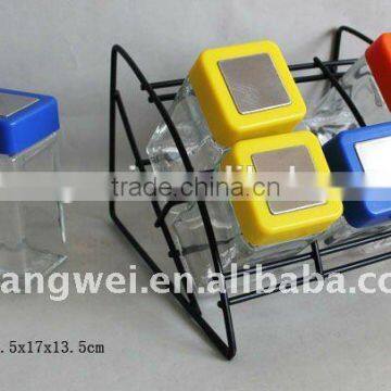 6pcs square glass spice jar set in a metal rack