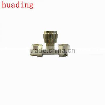 T-type connector with three milled nut (open nut ) ,high quality forged brass connector , bsp npt thread