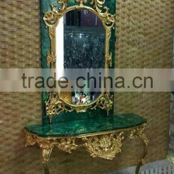 Antique European Wall Mounted Gilt Bronze Malachite Console Table and Mirror Set