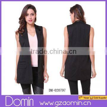 Women's Black Lapel Sleeveless Pockets Blazer