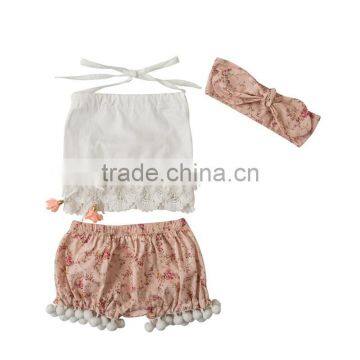 Baby Lace off Shoulder Pompom Shorts Outfits Baby Clothing photo-2