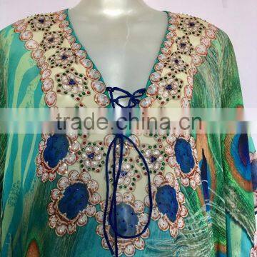 Peacock Digital Print Crystal Embellished Lace up Kaftan CAFTAN Tunic Poncho Blouse photo-2