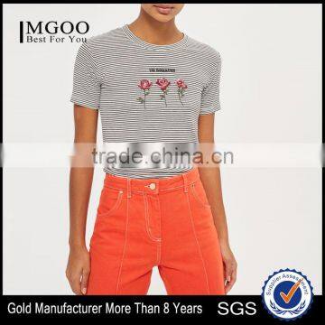 MGOO Factory Supplied Women Flora Embroidered T Shirt 100% Cotton Black And White Stripe T-shirt