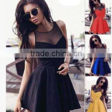 2014 New Fashion Pleated Lantern Skirt Dress Elegant Ladies Skater Dress with Mesh Insert