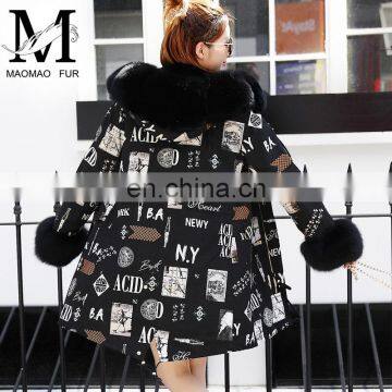 2017 Fashionable High Quality Winter Long Style Genuine Rabbit Fur Lined and Fox Fur Collar Hood Parka Coat