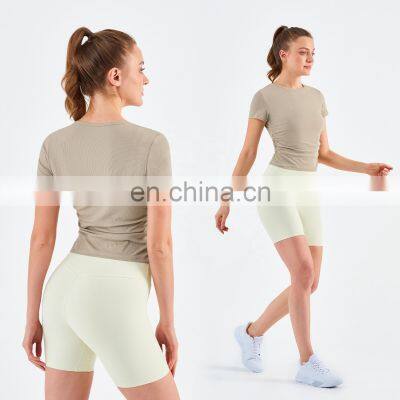 Women Ribbed Short Sleeve Slim Fit T-Shirt And Short Yoga Set Sport Fitness Suit photo-2
