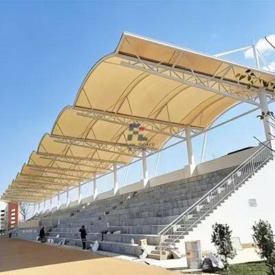 Stadium Grandstand Tensile Fabric Canopy Cover – PTFE Membrane With Curved Steel Frame for Football Field Bleacher Roof