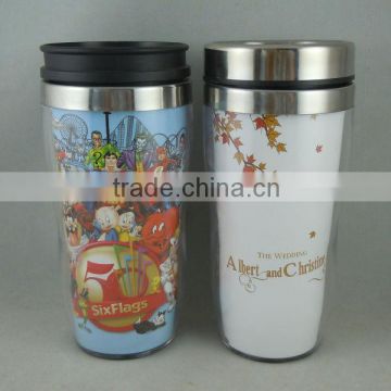 Promotional plastic outer shell stainless steel inner tea mugs high quality travel mug auto mugs