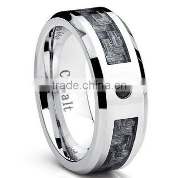 Cobalt Men's Wedding Band Ring with Gray Carbon Fiber Inlay and 0.04 Black Diamond, 8mm Sizes 8-12