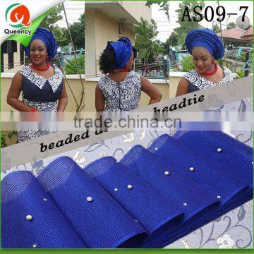 royal blue aso oke head tie with beads latest design wedding hair tie