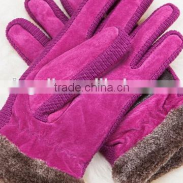 2014 Women Fahion Fushia Suede Knitting Leather Glove with Brown with Soft Fur