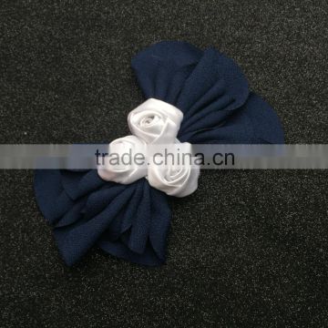 Navy Bows With Three Rolled Rose Flowers,Handmade Chiffon Bow Flower Hair Clip For Hair Decoration