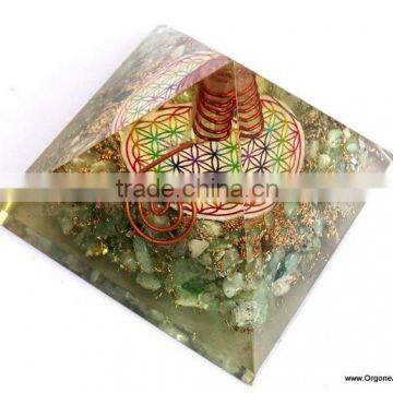 Reiki Orgone Big Green Aventurine Pyramid With Flower Of Life Symbol And Crystal Point | Symbol Pyramid