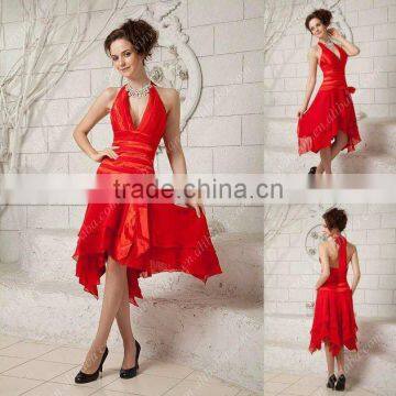 Sexy Deep V-neck A-line Backless Red Organza Pleat Ruffles Short Mini Party Desses xyy04-205