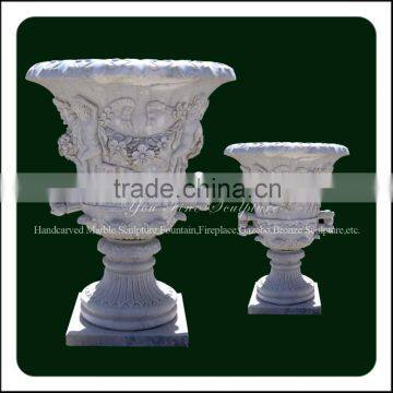 Natural Marble Garden Flower Pot with Carvings YFZYFP-(66)