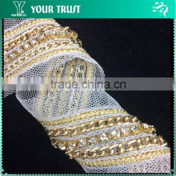 Clear Rhinestone Gold Chain Gold Metallic Thread White MeshTrimming
