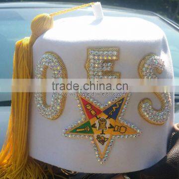 Queens fez hat rhinestones jeweled embroidery oes star 3 row white wool masonic fez hat