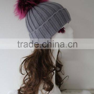 EU wool wholesale ribbed beanie with custom raccoon fur pompom