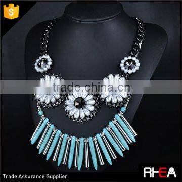Pearl Beads Flowers Accessory Necklace.Turquoise and Alloy Spiker Drop Choker Necklace
