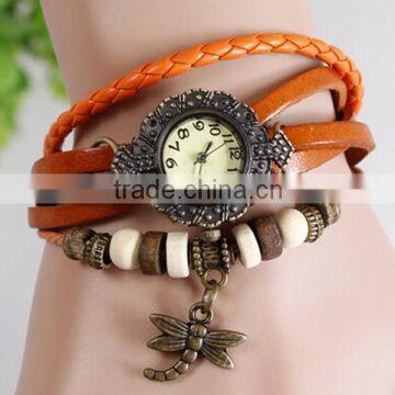 In Stock New Fashion Women new design fashion girls watch Retro Vintage Dragonfly Pendant Weave Wrap Quartz 7 Colors