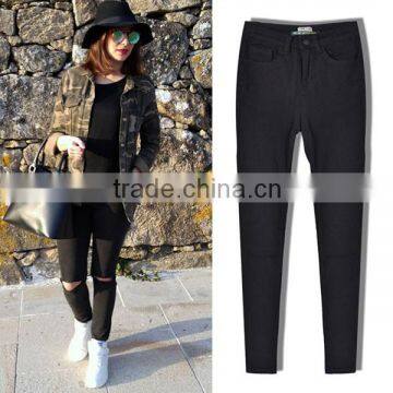 China 2016 Summer Fashion Women Black High Waist Leggings Ladies Knee Holes Pencil Skinny Ripped Jeans Wholesale Price