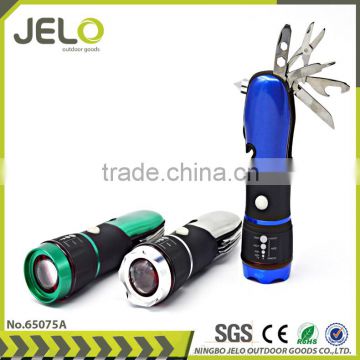 Ningbo JELO Popular Hot Sales Multi Function Tools Auto Accessories Life Hammer 1W Zoom Torch Army Knife Flashlight