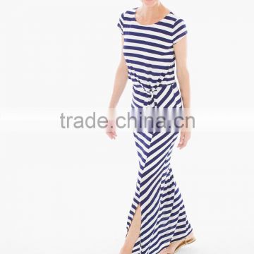 lady's stripe knitting short sleeve maxi dress