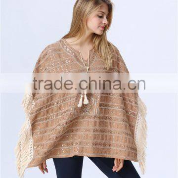 New Arrival Ladies Fashion Design Elegant Winter/Autumn Tan Colour Dolman/ Cape/Shawl Coat With Fringing and Beading for Women photo-3