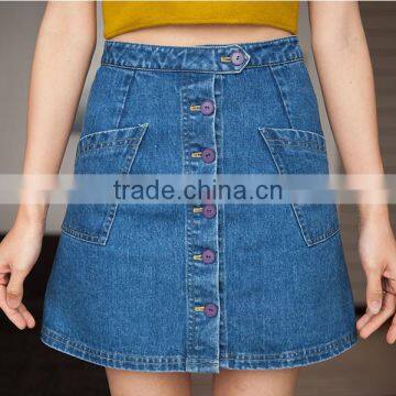 Women high waist A line button down blue denim short mini skirt