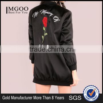 Custom Embroidered Women Longline Satin Bomber Jacket Black Oversized Zip Up Coat With Sides Pockets