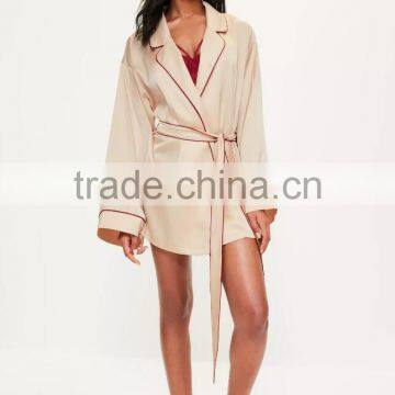 Nude PiPed Bridesmaid Satin Robe Embroidered Custom Logo Tie Waist Pyjamas Set Longline Shirt Dress Button photo-3