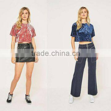 Slight Blink Crushed Velvet O-neck Short Sleeves Cropped t Shirt Tank Tops photo-2