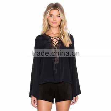 2016 New Top Fashionable Patch Work Lace Up Blouse Designs