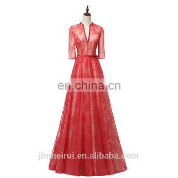 New Arrival Sexy Nude See Through Red Eveing Dresses Deep V neck Tulle and Lace Open Back Long Sleeves Evening Gown Prom Dresses