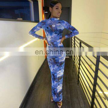 LAITE D2178 Hot Sales Women See-through Printed Casual Dresses Ladies Fashion Split Dresses photo-5