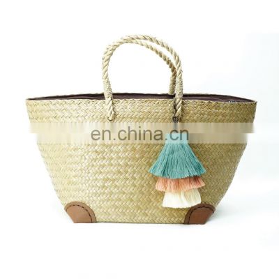 Handmade Straw Natural Vegan Bags with Pastel Keychain Seagrass Handbag 100% Nature