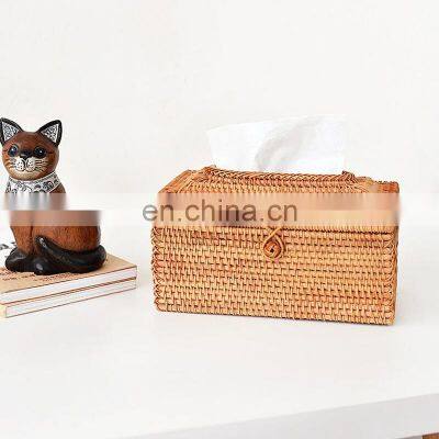 Hot Sale Rectangular Rattan Tissue Box with Cover Wicker Facial Tissue Holder with Hinged Top Lid Vietnam Manufacturer