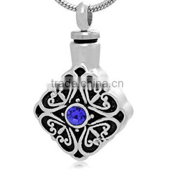 Wholesale Memorial Jewelry Stainless Steel Cremation Ash Urn Rhomboic Box with Blue Diamond Ancient Noble Long Necklace Pendant