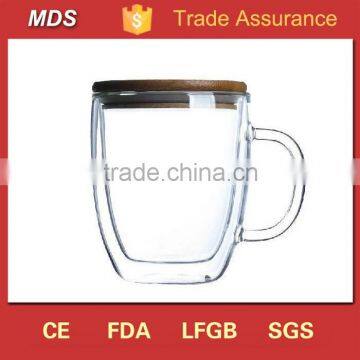 Double walled glass coffee cups glassware with bamboo lid and handle