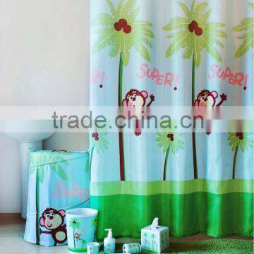 Polyester shower curtain with matching hamper set, cartoon super monkey design childlike bathroom set