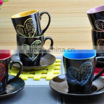 200cc shiny black color stoneware coffee cup and saucer