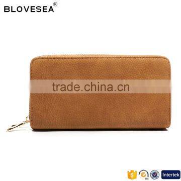 woman leather wallet brown classic elegant style plain color double zipper PU leather fashion women leather wallet