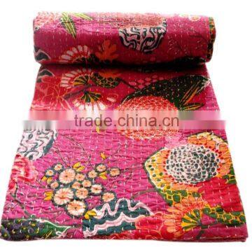 RTHKG-22 Vintage Looks Flower Fruit Printed Indian Bengali Cotton Fabric Kantha Gudari Bedspread Traditional Wholesaler Throws